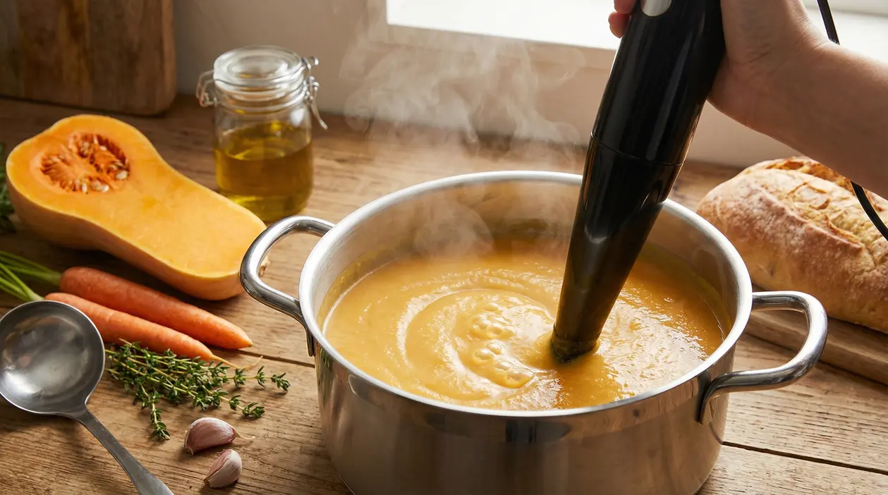Una mano utilizza un mixer a immersione per frullare una vellutata in una pentola.