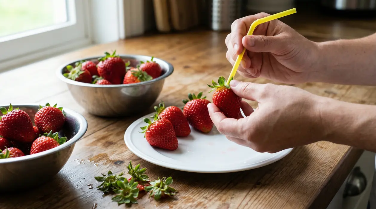 Una persona usa una cannuccia per rimuovere il gambo da una fragola su un piatto con altre fragole