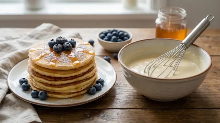 Pancake soffici con mirtilli e sciroppo accanto a una ciotola di impasto con frusta a mano