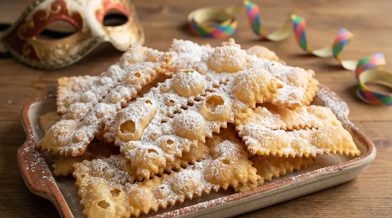 Chiacchiere croccanti e bollose spolverate di zucchero a velo in un vassoio di ceramica