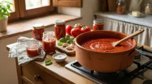 Pentola di terracotta con sugo di pomodoro sul fuoco, accanto a barattoli, basilico e pomodori freschi