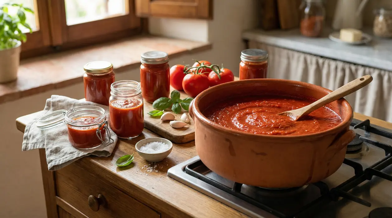 Pentola di terracotta con sugo di pomodoro sul fuoco, accanto a barattoli, basilico e pomodori freschi