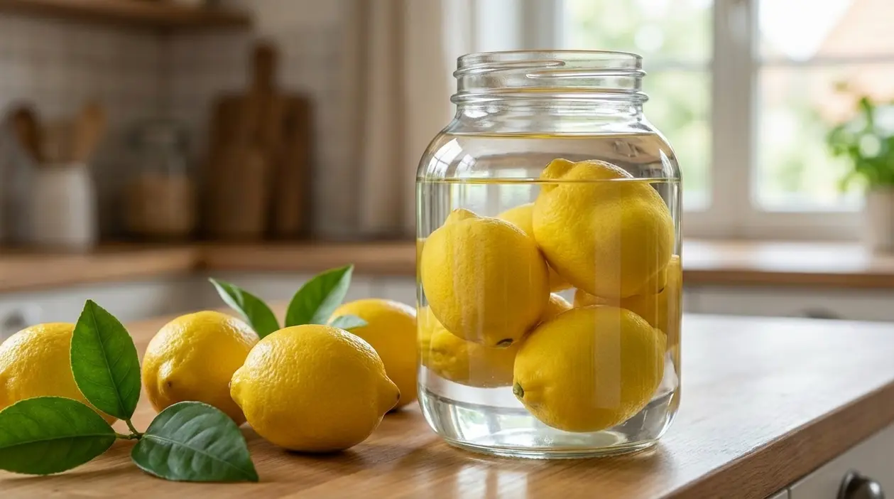 Limoni freschi conservati in un barattolo di vetro con acqua su un piano cucina
