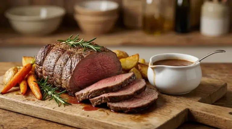 Arrosto di manzo succoso tagliato a fette con contorno di patate e carote