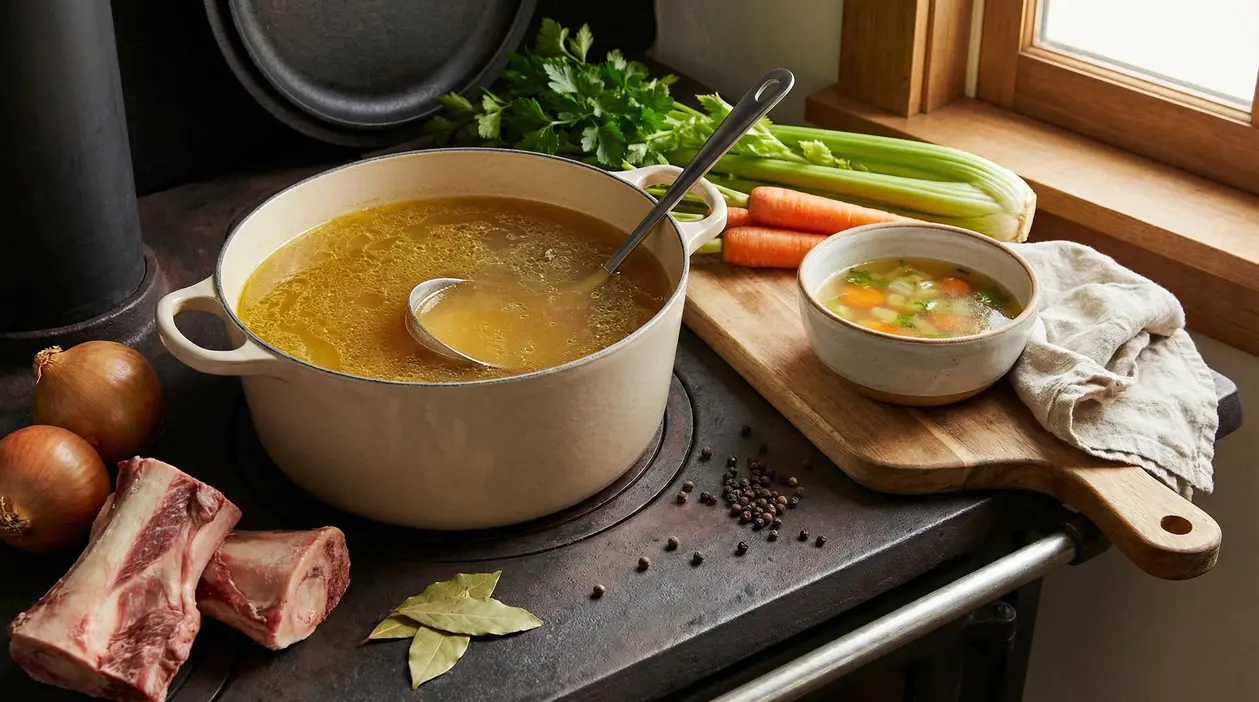 Pentola di brodo caldo con mestolo, ossa, cipolle, sedano e carote su piano cucina rustico