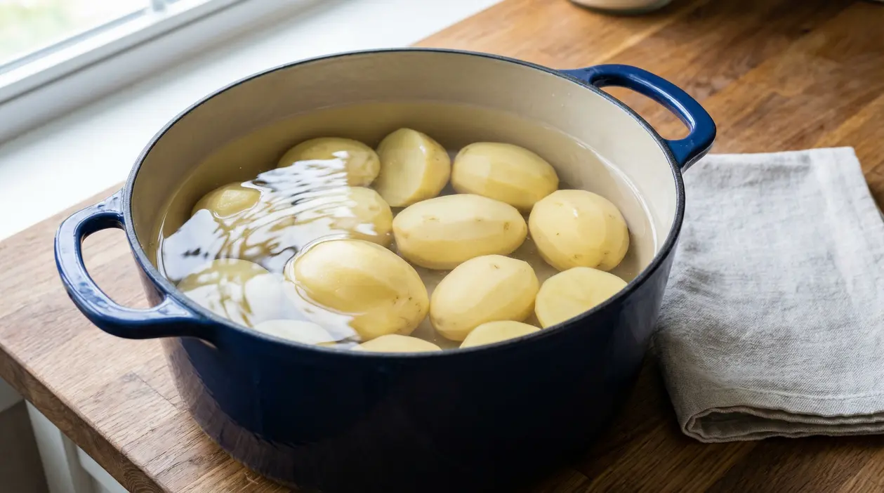 Patate sbucciate immerse in acqua fredda all'interno di una pentola su un piano da cucina