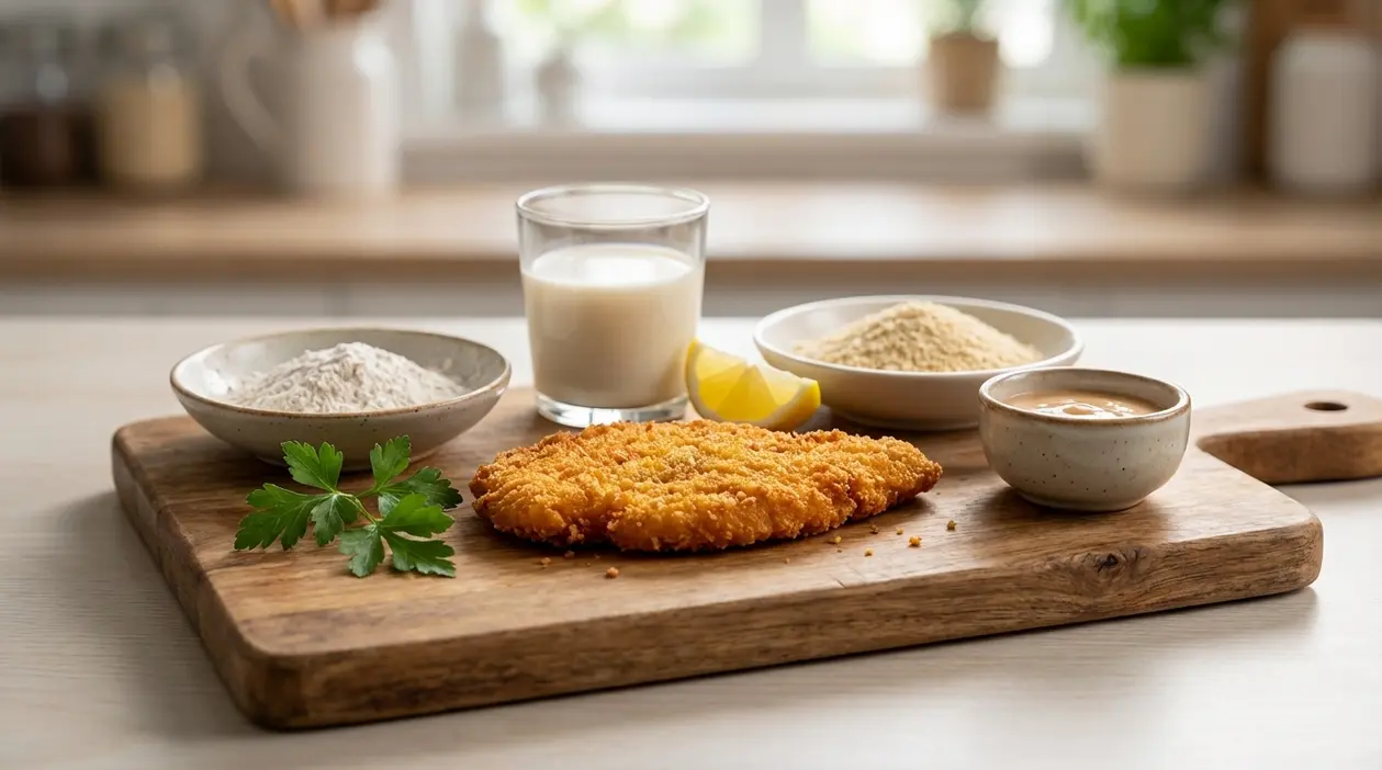 Cotoletta impanata senza uova su tagliere con farina, latte vegetale e pangrattato