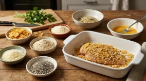 Petto di pollo impanato con ingredienti alternativi alla farina su un tavolo da cucina