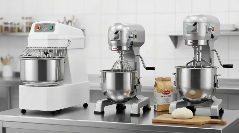Impastatrici professionali da cucina su un banco: una a spirale e due planetarie con ciotola in acciaio