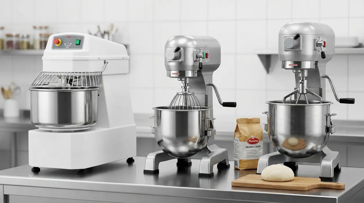 Impastatrici professionali da cucina su un banco: una a spirale e due planetarie con ciotola in acciaio