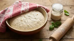 Impasto lievitato naturalmente in una ciotola di ceramica con strofinaccio a righe rosse