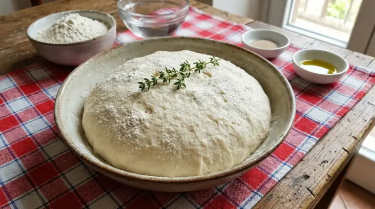 Impasto per pizza lievitato in una ciotola con ingredienti sul tavolo