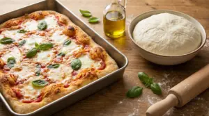 Pizza in teglia con basilico e impasto crudo in una ciotola su un tavolo di legno