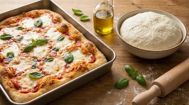 Pizza in teglia con basilico e impasto crudo in una ciotola su un tavolo di legno