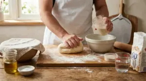 Una persona impasta la pizza su un tavolo con farina, olio e altri ingredienti