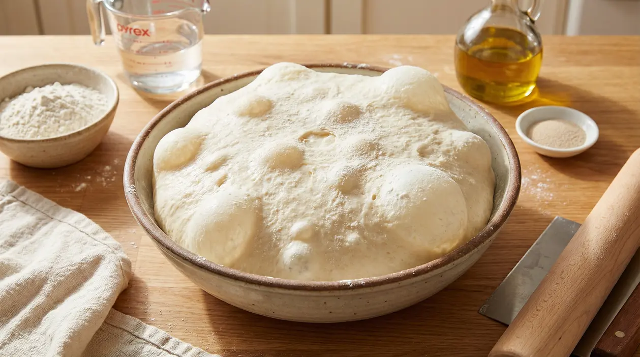 Impasto lievitato in una ciotola di ceramica su un piano di lavoro in legno
