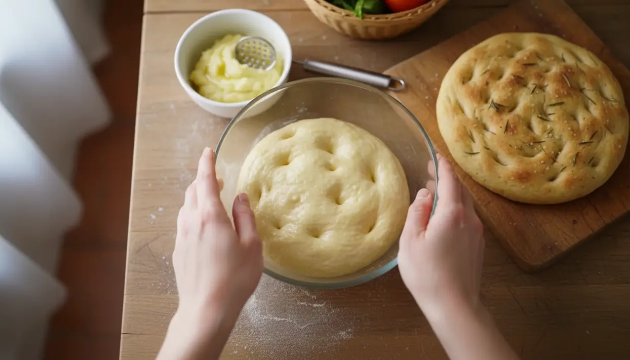 Mani che lavorano un impasto lievitato in una ciotola, con focaccia al rosmarino già cotta su tagliere