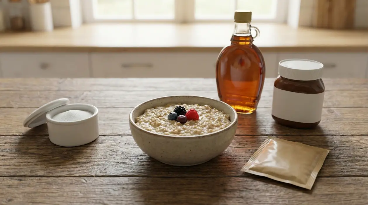Ciotola di avena con frutti di bosco su un tavolo con zucchero, sciroppo, crema spalmabile e bustina