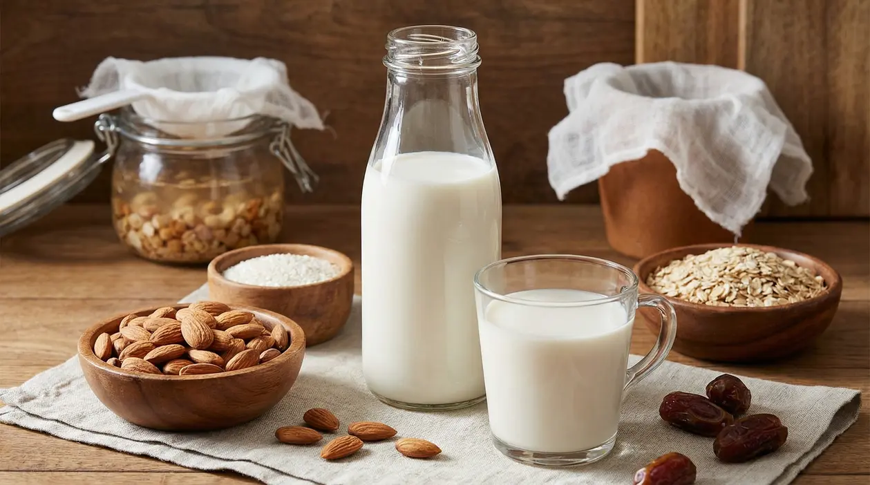 Ingredienti naturali per latte vegetale con bicchiere e bottiglia su tavolo di legno