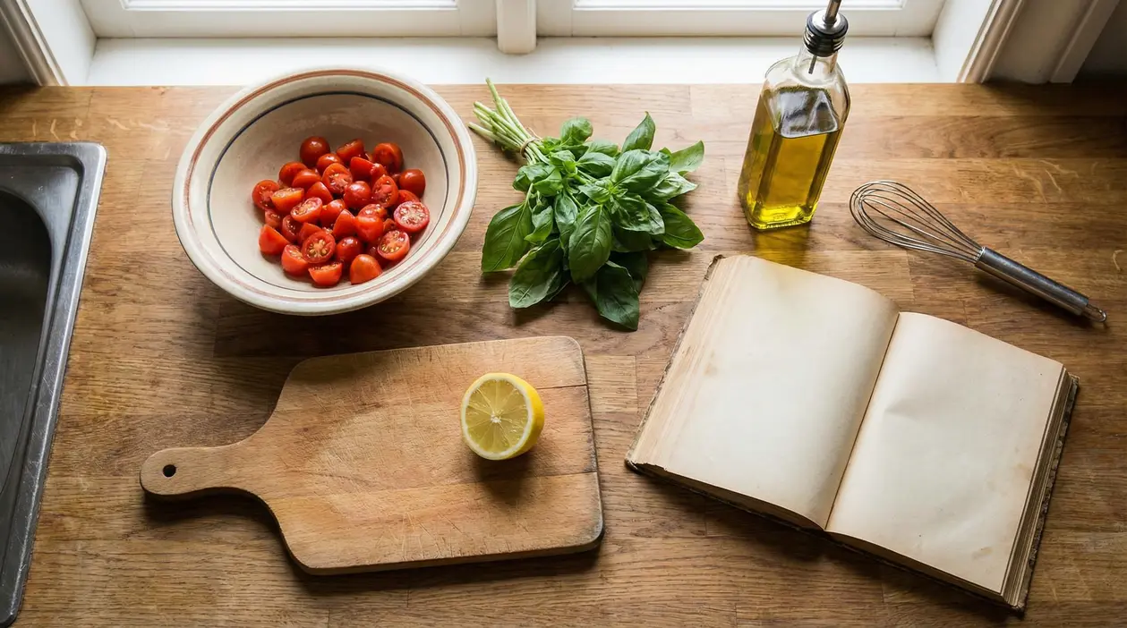 Ingredienti freschi con libro di ricette su un piano da cucina in legno