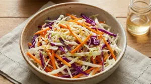 Ciotola di insalata agrodolce con cavolo bianco e viola e carote a julienne, con condimento in barattolo