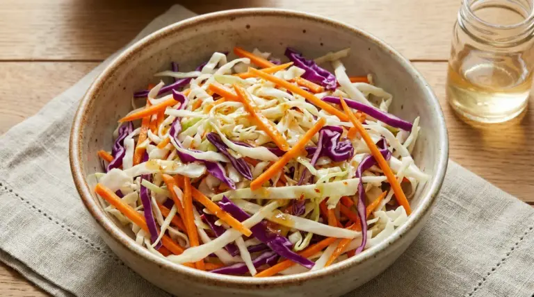 Ciotola di insalata agrodolce con cavolo bianco e viola e carote a julienne, con condimento in barattolo
