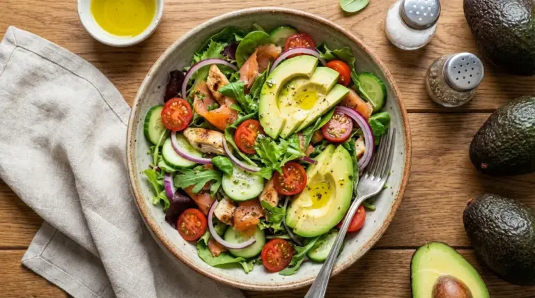 Insalata con avocado, salmone, cetrioli, pomodorini e rucola in ciotola su tavolo di legno
