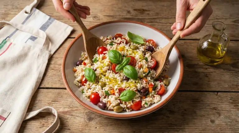 Insalata di riso con pomodorini, olive e basilico in una ciotola, condita con olio extravergine d’oliva