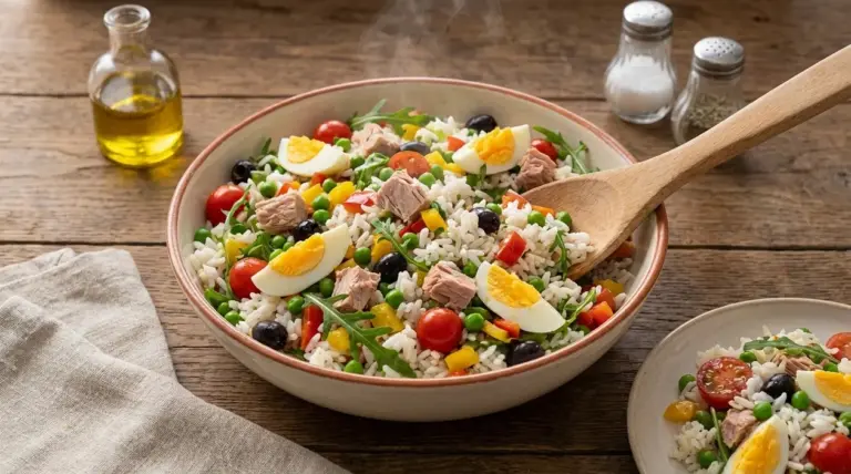 Insalata di riso proteica con tonno, uova sode, piselli, pomodorini, olive e peperoni in una ciotola