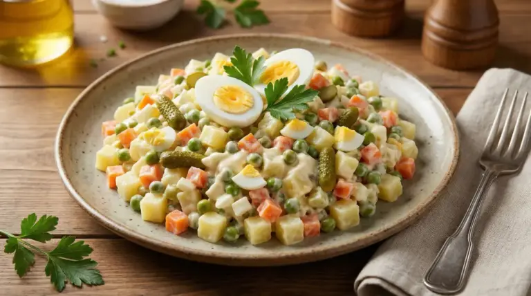 Piatto di insalata russa con uova sode, patate, piselli e carote su un tavolo di legno