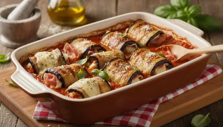 Involtini di melanzane con prosciutto e formaggio cotti al forno in una teglia con salsa di pomodoro