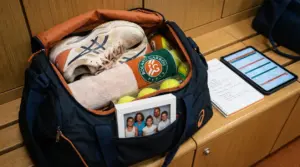 Borsa da tennis con scarpe, asciugamano Roland Garros, palline e foto di famiglia in uno spogliatoio