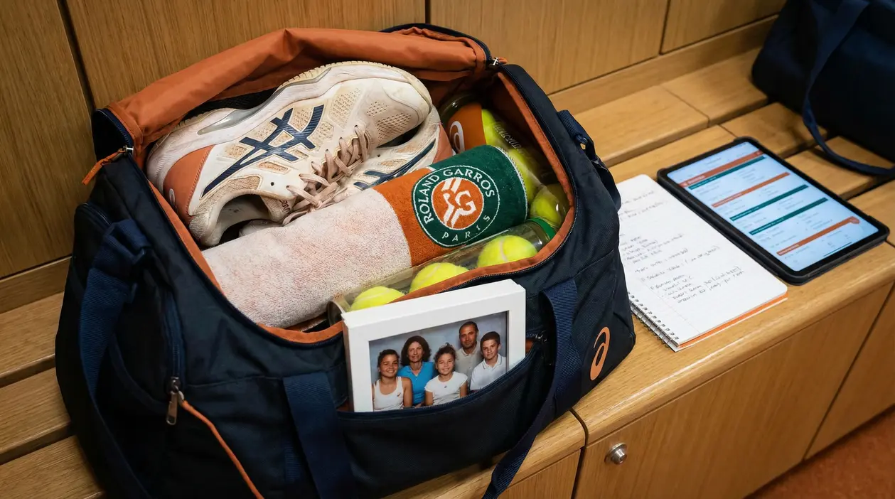 Borsa da tennis con scarpe, asciugamano Roland Garros, palline e foto di famiglia in uno spogliatoio
