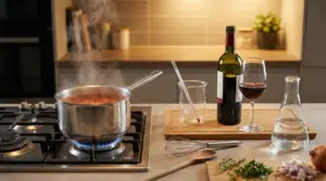 Pentola con salsa in ebollizione sul fornello, con bottiglia e bicchiere di vino e strumenti da cucina sul piano