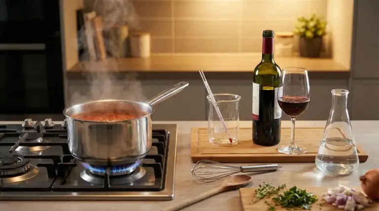 Pentola con salsa in ebollizione sul fornello, con bottiglia e bicchiere di vino e strumenti da cucina sul piano
