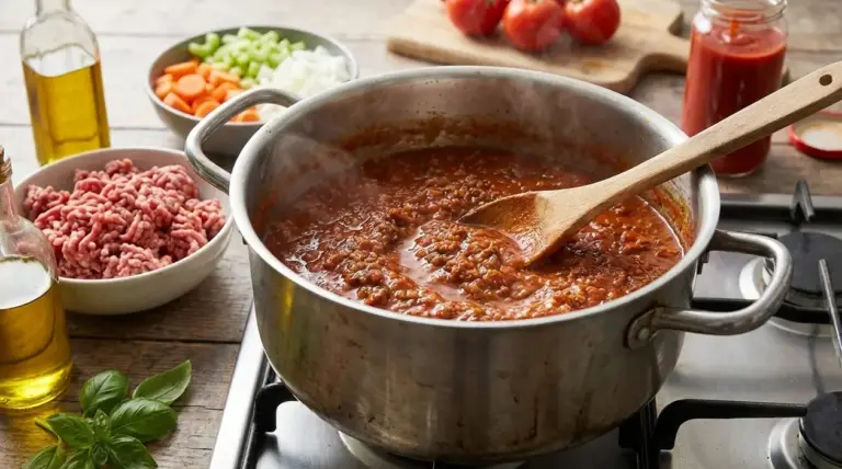 Pentola di ragù sul fuoco con cucchiaio di legno, carne macinata e verdure per il soffritto accanto