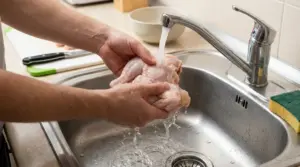 Persona che lava un pollo crudo sotto l’acqua corrente nel lavello della cucina