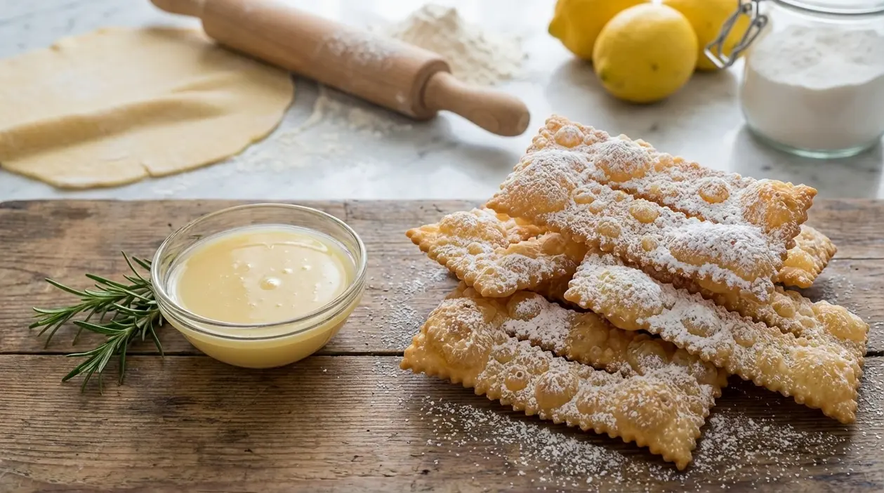 Chiacchiere di Carnevale spolverate di zucchero a velo con crema al limone, pasta stesa e mattarello sullo sfondo