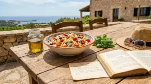 Insalata di riso colorata in una ciotola su tavolo rustico con vista sul mare