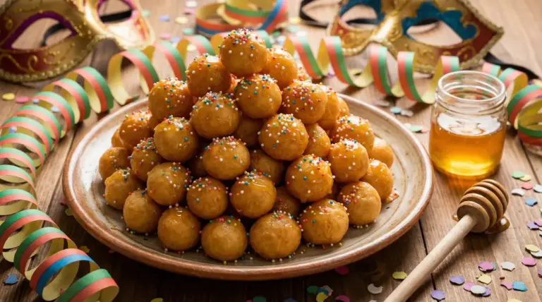Piatto di pignolata ricoperta di miele e confettini colorati su tavolo decorato per Carnevale