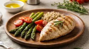 Petto di pollo alla griglia con asparagi, pomodorini e cereali su piatto di legno