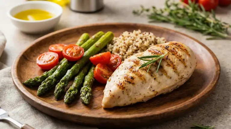 Petto di pollo alla griglia con asparagi, pomodorini e cereali su piatto di legno