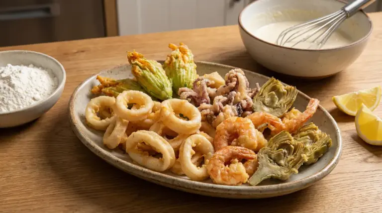 Piatto di fritto misto croccante con calamari, gamberi e verdure accanto a pastella e farina