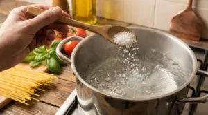 Un cucchiaio di sale grosso versato in una pentola di acqua bollente per cuocere la pasta