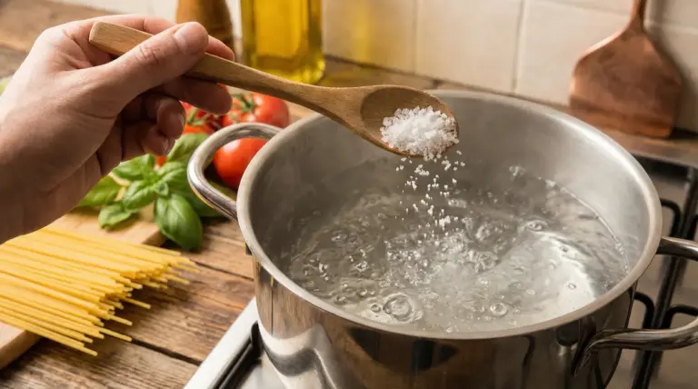 Un cucchiaio di sale grosso versato in una pentola di acqua bollente per cuocere la pasta