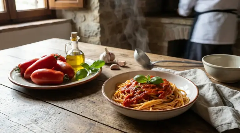 Piatto di spaghetti al pomodoro con basilico accanto a ingredienti freschi su un tavolo rustico