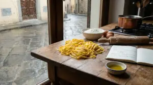 Tagliatelle fresche su un tavolo di legno vicino a una finestra in una giornata di pioggia