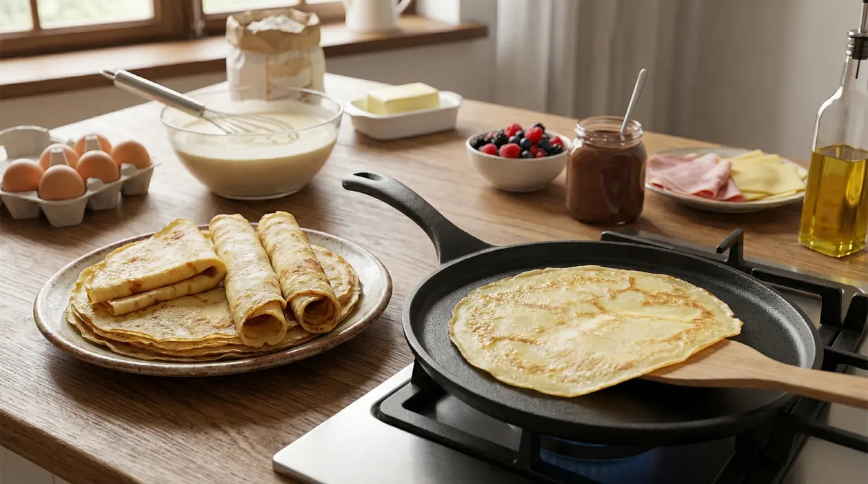 Crepes in cottura in una padella con ingredienti freschi disposti su un tavolo da cucina