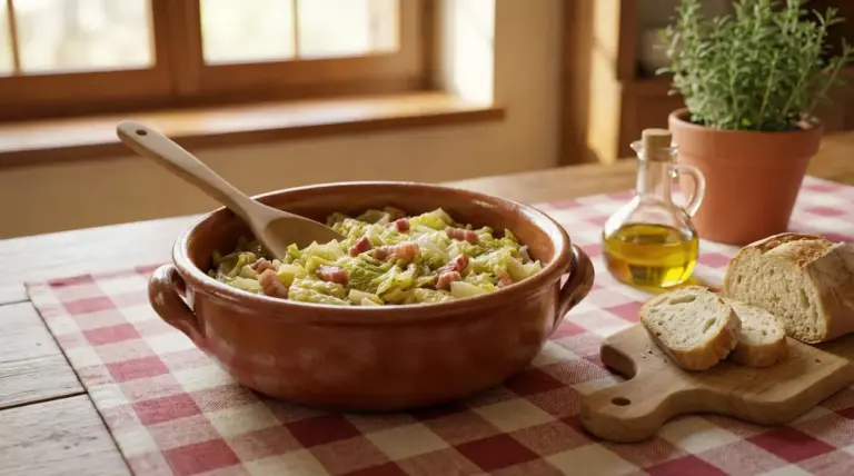 Verza cotta in ciotola di terracotta con pancetta, pane, olio e piantina sul tavolo