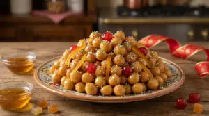 Piatto di struffoli decorati con miele, confettini colorati e frutta candita su tavolo rustico
